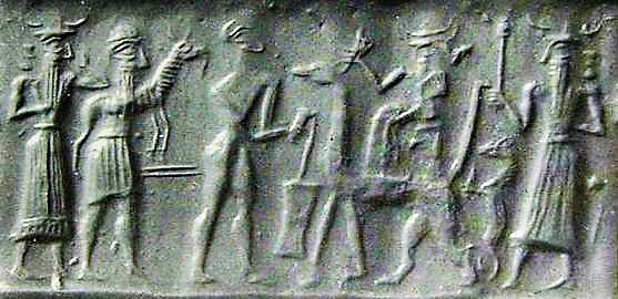 6h - Ashur, giant mixed-breed king with dinner offering, earthling worker, Marduk, & youngest son Nabu