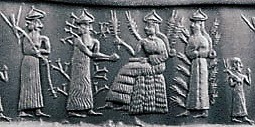 7 - Enlil with the plow, Haia the barley god, Nisaba the goddess of grain, Ninlil a grain goddess, & unidentified; a time long ago when the gods did the work