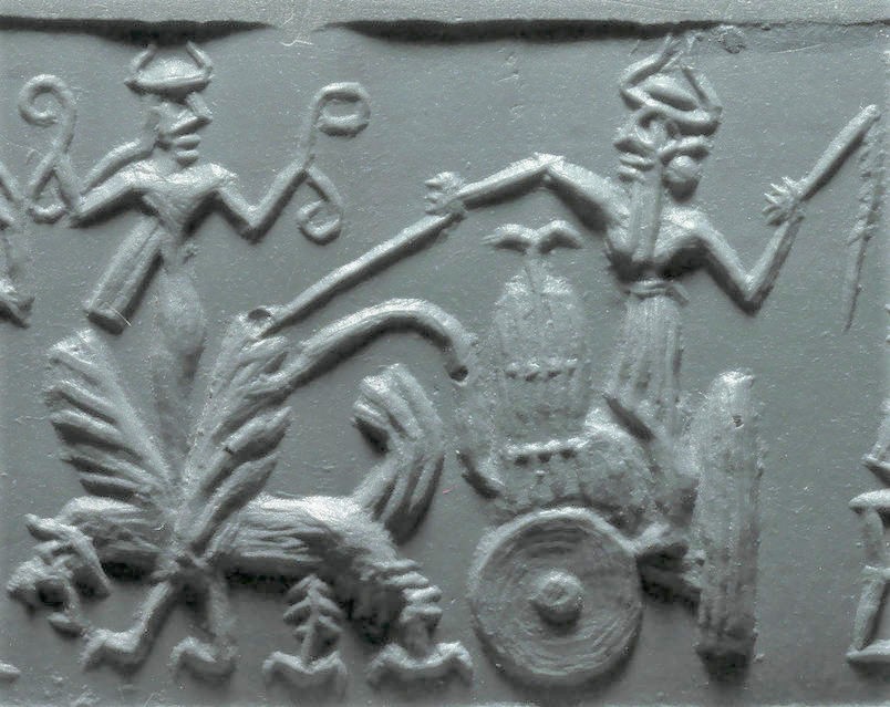 71 - elevated Inanna & her uncle Ninurta in his chariot powered by his winged fire-spitting storm beast symbol for his armed sky-disc