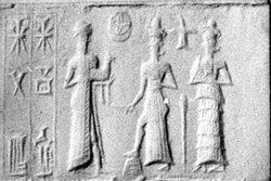 71 - faded triad of symbols, Nannar's Moon crescent, Utu's Sun disc, & Inanna's 8-pointed star symbols; giant semi-divine king with dinner, Utu, & Ningal