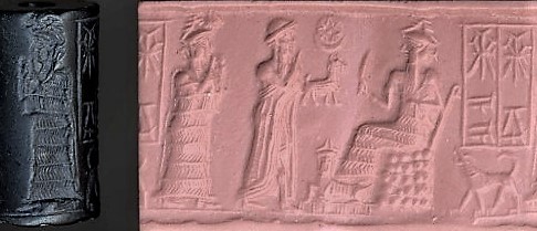 74 - triad of family symbols, Nannar's Moon crescent, Utu's Sun disc, & Inanna's 8-pointed star; Ninsun, her semi-divine spouse or son-king, & Utu