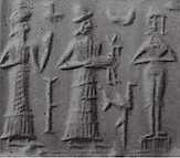 7a - Nannar, spouse Ningal, & daughter Goddess of Love Inanna atop her ziggurat residence; Babylonian seal