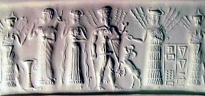 8 - granddaughter Inanna with alien tech on her back, giant mixed-breed semi-divine king, Ninlil, her father Haia the barley god, & her mother Nisaba the Goddess of Grain