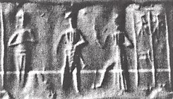 8 - Inanna, her semi-divine spouse-king, & Utu; Old Babylonian cylinder seal depicting a historical time when the gods helped their kings directly & in person