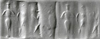 8c - damaged artifact of naked Inanna, her semi-divine spouse-king, & faded Utu; so many artifacts of historical scenes throughout ancient forgotten history