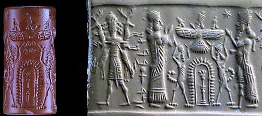 9j - king with dinner, Anu with sons Enki & Enlil in his sky-disc, Ninhursag & Marduk in discussion