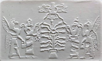 3da - same scene not so well carved; Apkulla pilot, Enki, with King Anu inside his sky-disc / flying saucer, Enlil, & Apkulla pilot; Tree of Life