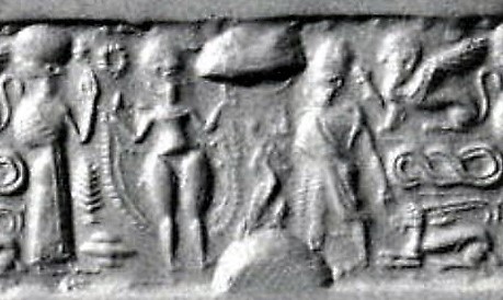 36a - father Nannar, Goddess of Love Inanna, twin brother Utu, & mother Ningal; Inanna holding double-strand of alien technologies not understood by the artifact creator