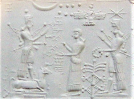 11 - Adad, Ninhursag, Enlil hovering above in sky-disc, & Inanna; Ninhursag spreads caution  while Enlil supervises from above in his flying disc / saucer