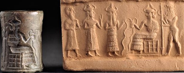 12 - semi-divine leader of earthlings, Ninhursag, 2-faced Isimud, Enki seated, & his giant mixed-breed worker