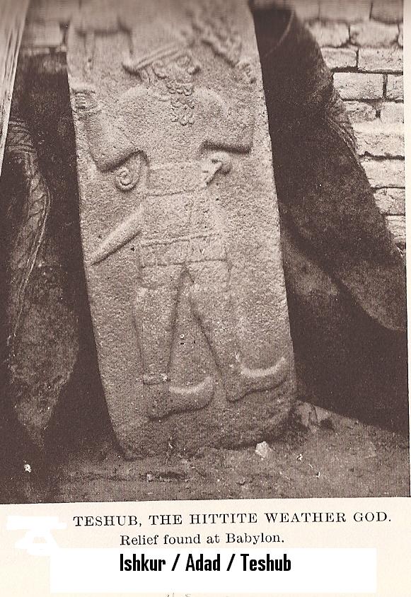 12 - ancient stele of Teshub - Adad with thunder weapons found in Babylonian ruins; hundreds of artifacts with Adad in the same pose holding basically the same weapons