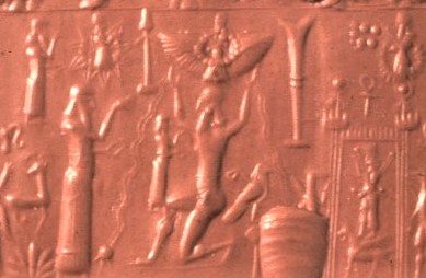 13 - Nabu's Stylus symbol; Inanna, Enki, & Enlil each in sky-discs, Enlil also on the ground