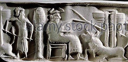 14 - Akkadian ancient artifact; unidentified semi-divine & Adad seated with his bull animal symbol; an alien launch site in background with winged launch in progress