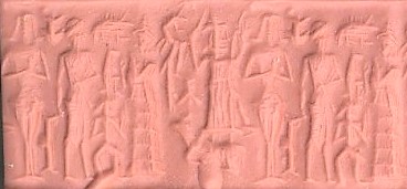 15 - naked Inanna, her semi-divine spouse-king, his mother Ninsun, & Adad; Inanna espoused dozens if not hundreds of semi-divine kings, artifact depicting idea of gods having sex with earthlings