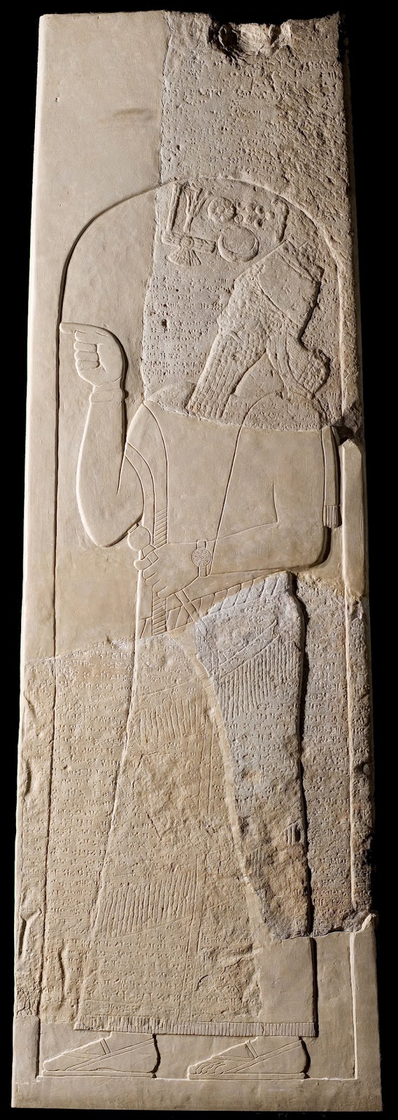 18 - giant semi-divine Assyrian King Tiglath-Pilser III, ancient stele artifact with many symbols of the gods that placed & protected him as king