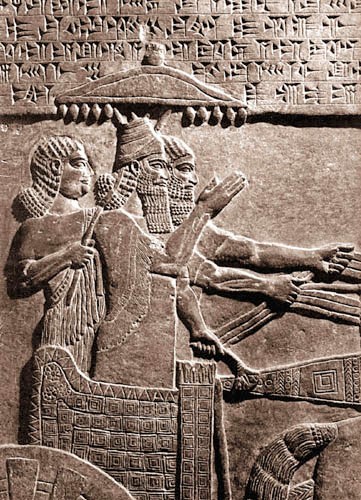 18e - Tiglath-Pileser & his semi-divine giant spouse in the royal chariot, semi-divines espoused semi-divines for the reason of keeping their physical advantages passed on to their children who will do the same for many generations, Biblical heroes lineage did the same thing