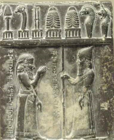 19 - Babylonian king & subordinate; Marduk's Rocket, Enki's Turtle, & Nabu's Stylus symbols