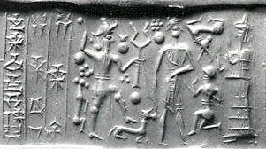 20 - Adad, semi-divine king, his mother goddess Ninsun, & unidentified kneeling; goddess Ninsun espoused semi-divine king Lugalbanda & produced many semi-divine offspring made kings