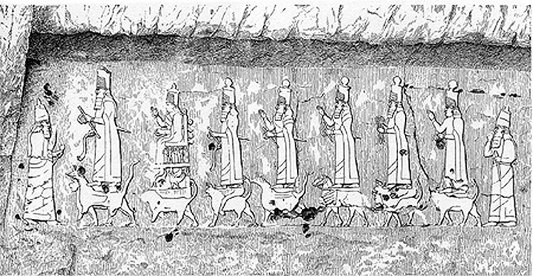 20 - procession of the gods upon their animal symbols; Enlil welcomes Anu, Bau, Ninurta, Marduk, Nannar, Adad, & Shala to Earth with Enki-2