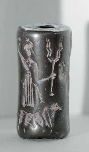 24 - ancient Adad seal, shaped stone into a cylinder reverse-carved scene to be pressed into wet clay, then the clay fired hot to harden, & out comes an image or copy, one of many if they desired, they held the negative image on stone in case more were to be copied