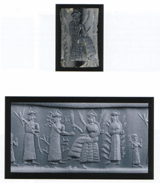 25 - Enlil with plow, Haia the barley god, his spouse Nisaba the grain goddess, & Ninlil, Enlil's spouse; Akkadian artifact, 2334-2154 B.C.