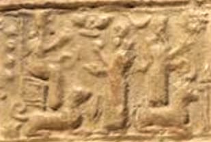 25 - Bau seated with her guard dog, sister Ninhursag, & Adad; ancient scene where Ninhursag's in discussion with sister Bau & nephew Adad