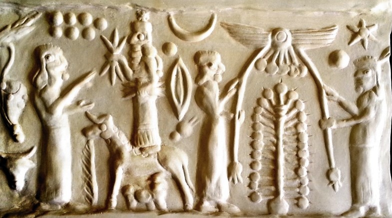 3 - Ninhursag & Adad, Ninhursag, & Shala with Tree of Life; goddesses & winged flying saucer protecting the Tree of Life