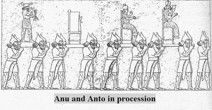 32 - Adad, Bau, & Inanna in procession; a scene from a time long ago when the gods walked with earthlings