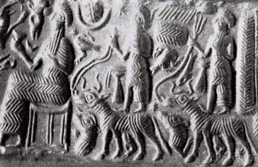 32 - seated goddess Ninlil & sons Nannar & Adad