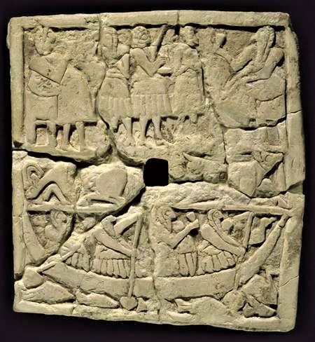 3ab - Enlil & Enki feasting & drinking on land & while boating up & down the Euphrates & Tigris Rivers; Mesopotamia, home of the giant gods