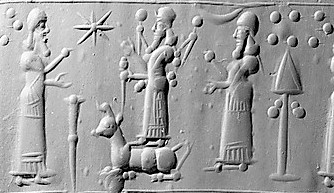 3n - Enlil directing son Ninurta with scepter standing atop bull symbol, with Enki