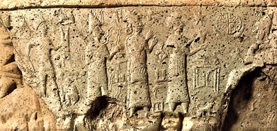 43 - Adad, Utu, Ninsun, mixed-breed king, & seated Nannar; ancient rock wall relief of gods walking upon the Earth