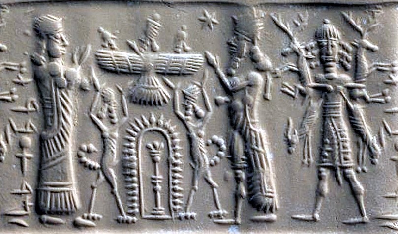 4c - Ninhursag, with Enlil, Anu, & Enki in their sky-disc / flying saucer from another world, & Marduk, with giant semi-divine king clutching dinner offering; only a giant could hold in the air 4 fully grown animals like these