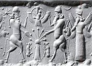 4e - Enki in his sky-disc / flying saucer, 2 unidentified bull-gods, & winged pilot Marduk standing upon the Earth