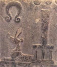 5 - Nabu's animal symbol with his Stylus symbol atop his ziggurat residence in Borsippa; also Ninhursag's symbol