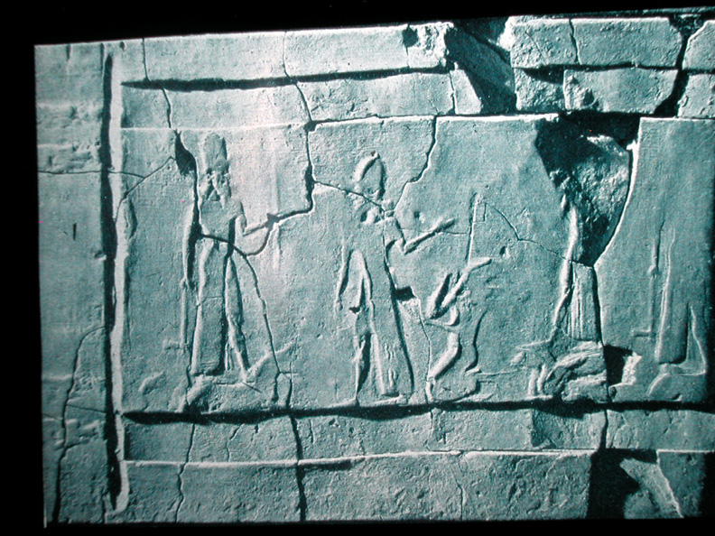5 - giant alien gods Ninurta, Ashur, Assyrian semi-divine King Tukulti-Ninurta 1234 B.C., & damaged Adad; ancient wall relief with text