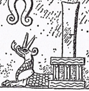 6 - Nabu's animal symbol & Stylus symbol atop his ziggurat residence in Borsippa; Ninhursag's symbol in upper right