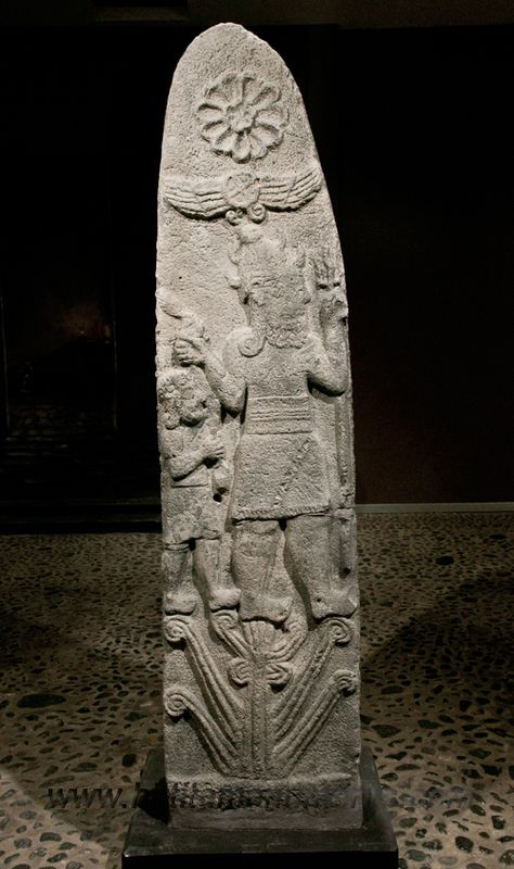 63 - ancient stele of Sarruma & father Adad standing under alien winged sky-disc / flying saucer