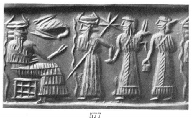 64a - Enki seated. Ningishzidda, & unidentified semi-divine king with dinner offering & his spouse