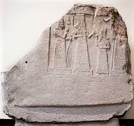 7 - rock relief of alien giant goddess Shala, her spouse Adad, & smaller semi-divine king standing before them; this artifact is evidence of a time forgotten when the sons of god walked with mankind on Earth