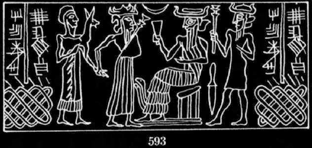 70 - sacrifice to Ningishzidda, dinner offering brought to the gods by semi-divine king, unidentified gods on either side of Ningishzidda