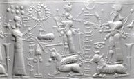 8 - Ninhursag, Ninurta, & Adad, with Utu above in his Sun sky-disc; / flying saucer; Ninhursag again warns son Ninurta & nephew Adad against war
