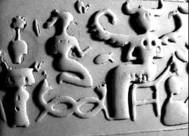 83 - female kneeling before Ningishzidda, & his entwined serpents symbol