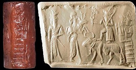 9 - unidentified god & semi-divine king with dinner offering, Adad, & Ninsun; ancient scene important enough that the gods wanted it recorded for all time
