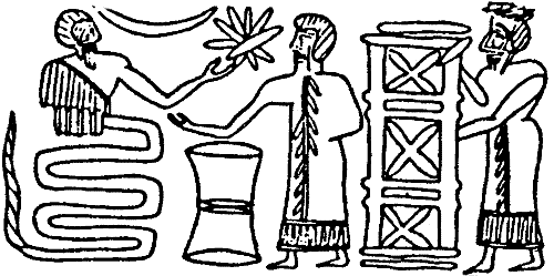 90a - serpent god Ningishzidda shows Noah the water clock, Enki behind reed wall tells Noah of coming flood