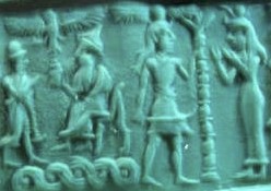 93 - 2 unidentified goddesses, a semi-divine king, & Ningishzidda seated on his throne