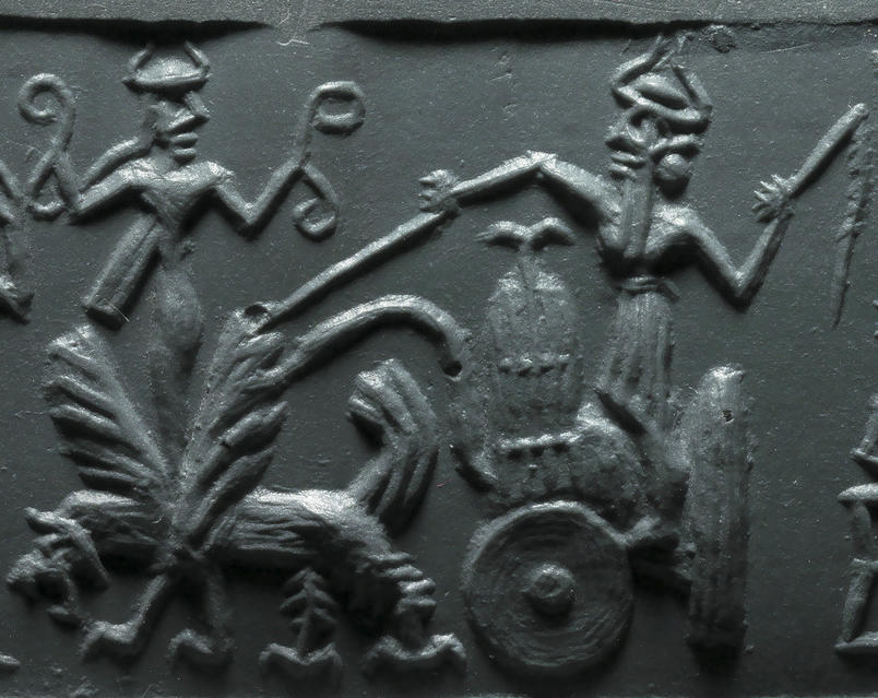 2 - elevated naked Inanna & uncle Ninurta chariot riding his winged storm beast symbol for his sky-disc
