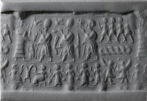 3 - Ninsun, 2 unidentified gods, & her mixed-breed son-king; drinking scene