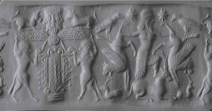 40 - Marduk in winged disc above 2 unidentified animal symbols for his sons, Marduk battles 2 unidentified animal symbols for cousin gods