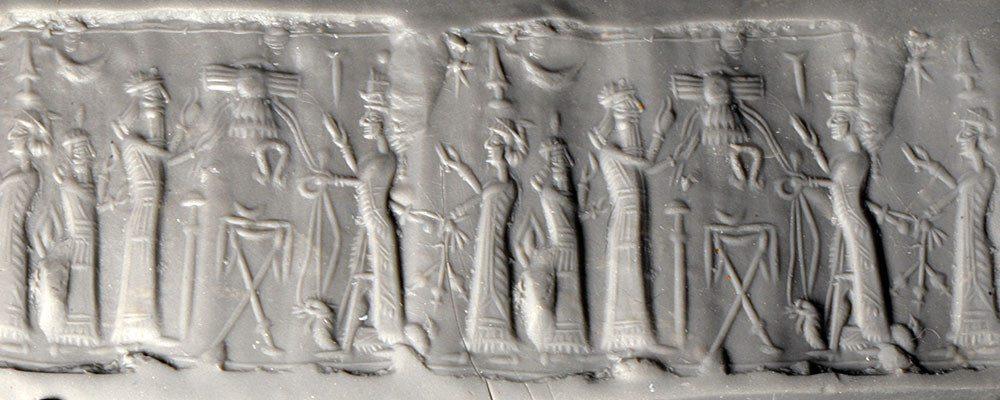 43 - unidentified god, Enki, his daughter Nanshe, & unidentified goddess